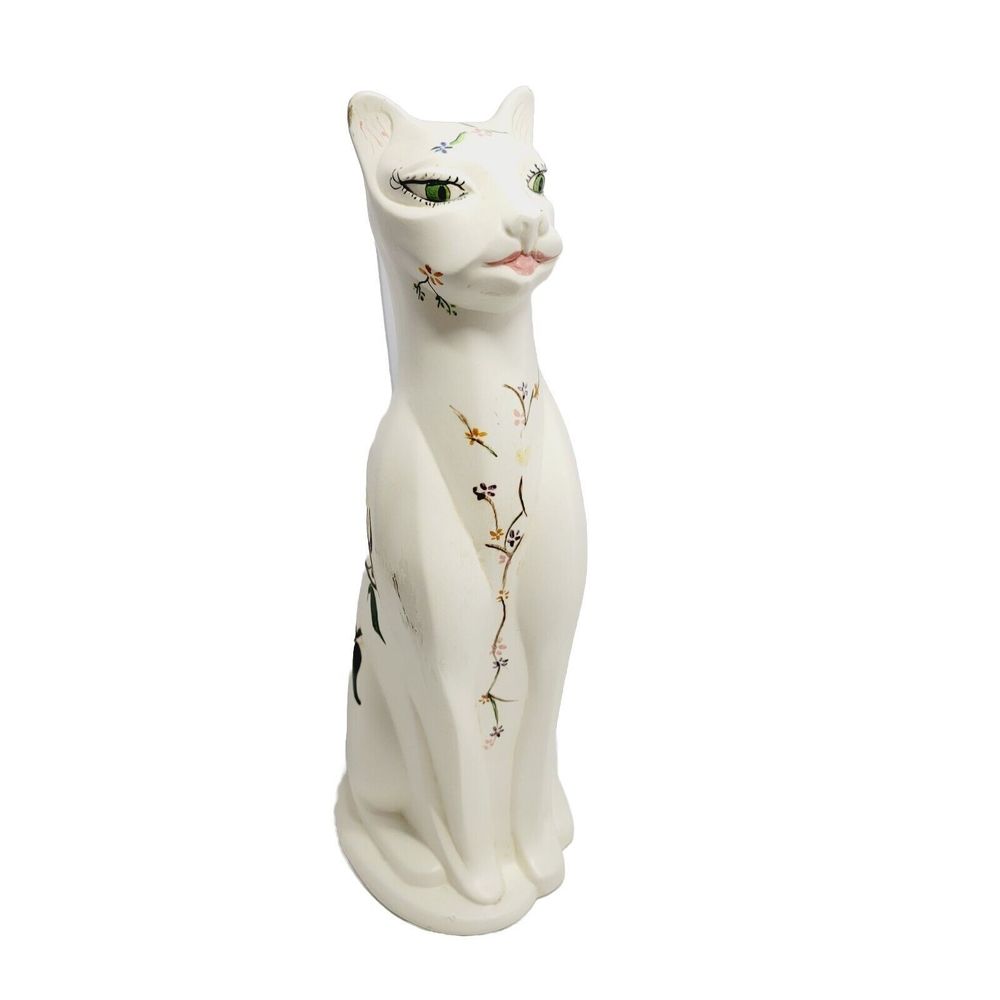 Vtg Southern Mold Signed 16" Tall Ceramic Cat Figurine MCM Hand Painted Flowers
